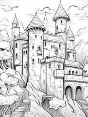 kids coloring page of medieval castle with mountains trees abd clouds