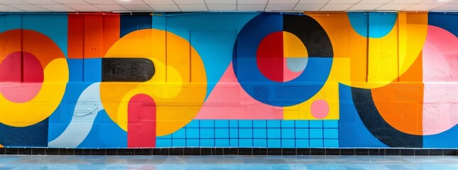 Colorful geometric mural on a city wall with dynamic circles and arches in a playful pattern.