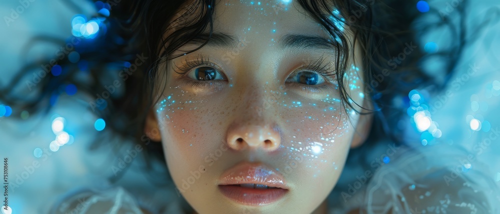 Aufkleber this concept shows a young asian woman keeping up with technology in a fast-changing world by displa