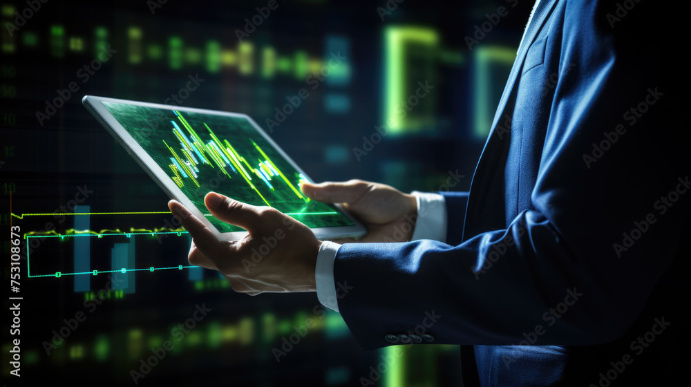 Poster businessman or trader holding tablet with graphs and charts against black background