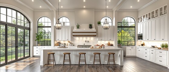 A large kitchen with white cabinets and a large island includes all necessary appliances. 3D rendering. Wooden barstools, a chandelier above the island, and large tall cabinets decorate the space. - obrazy, fototapety, plakaty