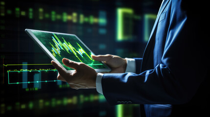 Businessman or trader holding tablet with graphs and charts against black background