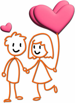 Illustration of male and female cartoons with heart balloons