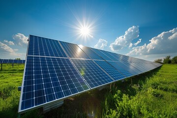 Photograph of solar panels glistening under the sun's rays.