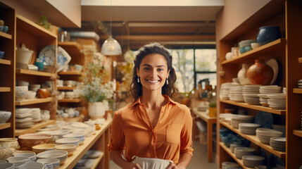 Happy woman standing in a pottery shop with shelves filled with various ceramic.
