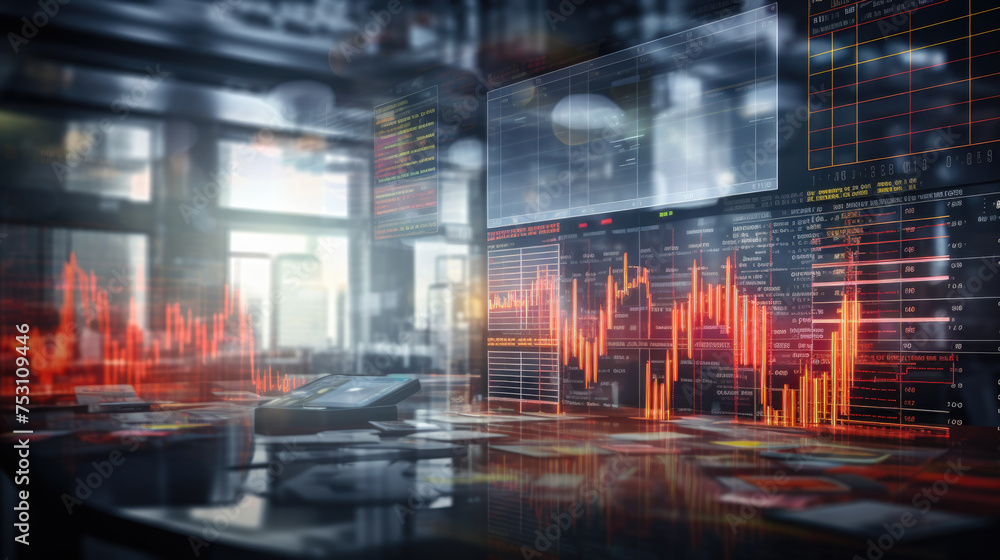 Poster close-up of a digital screen displaying financial stock market data with graphs and analytics, illus