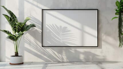 Big blank frame Mockup on the Interior Wall With Plant And Sun Rays. generative AI image