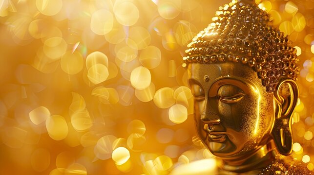 A golden Buddha statue in a golden background, I can't believe how beautiful this is, poolcore, daylight effect, copy space - generative ai