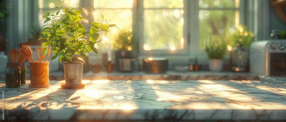 Wall mural Detailed 3D rendering of a marble countertop in an island kitchen in front of a blurred backdrop showing appliances and utensils by a window with a green plant.