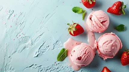 Foto auf Alu-Dibond Top view of strawberry flavor ice cream on light blue background, copy space. generative AI image © wikkie
