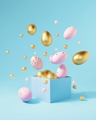 Easter eggs flying out of the box on a light blue background. Minimal Easter concept in pastel colors.