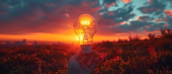 The concept of sunset power is pictured on a light bulb - obrazy, fototapety, plakaty