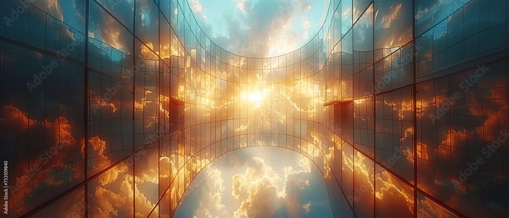 Poster the clouds are reflected in the curve glass office building. 3d rendering.