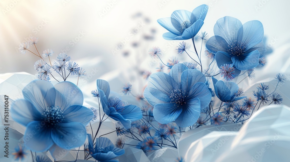 Aufkleber an isolated illustration showing a banner with blue growing flowers. the design is in a low-poly sty