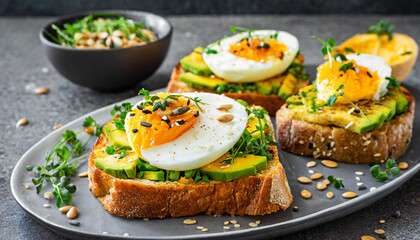Healthy toasts with avocado, egg and sesame seeds, sprinkled with cress salad. Tasty food.
