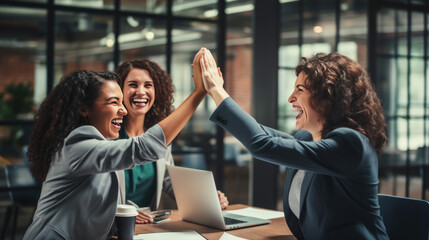 Moment of celebration, with a group of women in a business setting giving each other a high five,...