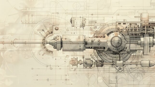 Portrait of schematic diagram a complex engineering machine. generative AI image
