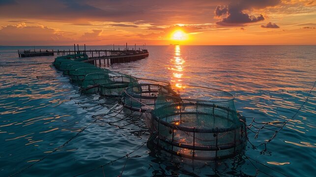  Sea fish farm nets. Cages for fish farming sea