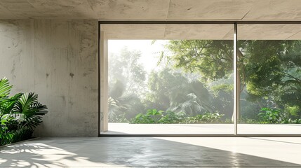 Concrete room with large window surrounded by nature in 3D.
