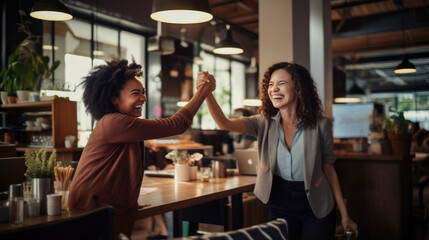 Two smiling women in a cafe setting giving each other a high five