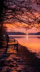 Fototapeta na wymiar A bench sits on the shore of a lake as the sun sets in the background