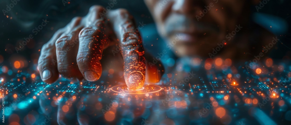 Poster Businessman scans fingerprint biometric identity and approves. Concept of the future of security and password control by fingerprints in immersive technology.
