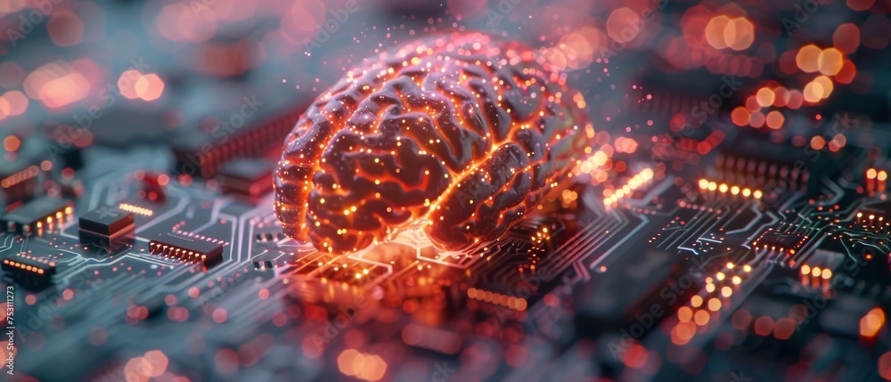 Aufkleber Computer technology innovation based on artificial intelligence (AI), data mining, and deep learning. The brain represents artificial intelligence with printed circuit boards (PCBs)