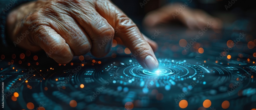Poster The hand of a businessman touching upon digital data network transformations for next generation technologies in cyberspace, Internet networks, digital software development, algorithms, metaverses,