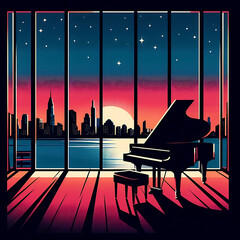 Silhouette of a piano next to the window with a view of vibrant color city buildings 