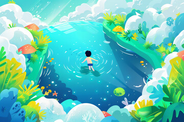Colorful flat 3D cartoon swimming in a crystal lake
