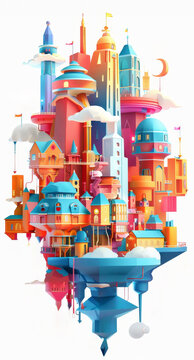 Colorful flat 3D cartoon parkour in a floating city