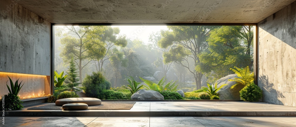 Leinwandbilder A 3D render of an empty concrete room with a large window against a natural backdrop.