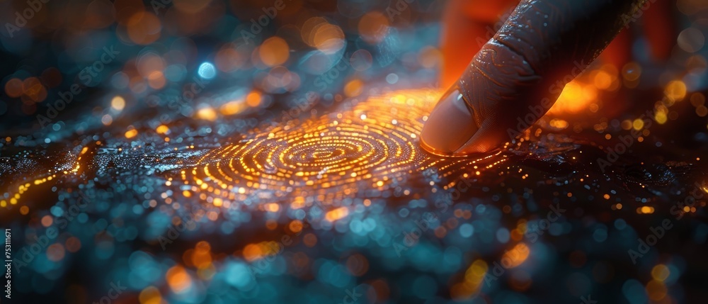 Aufkleber a businessman scans a fingerprint biometric identity and approves. the future of security and password control through fingerprints in an immersive technology future and a cybernetic, business