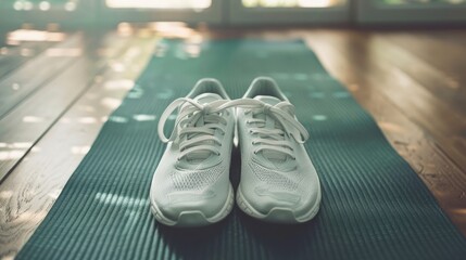 A pair of white sneakers on a yoga mat, symbolizing comfort and flexibility. - obrazy, fototapety, plakaty