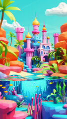 Isolated 3D cartoon magical underwater city backdrop