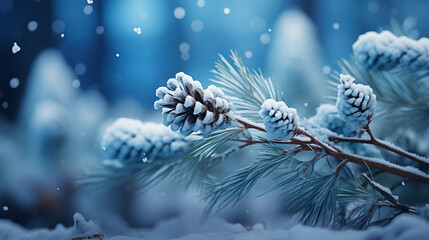 Pine cones on snow-covered branches in the forest.  Winter landscape.