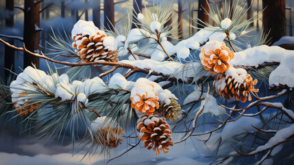 Pine cones on snow-covered branches in the winter forest.
