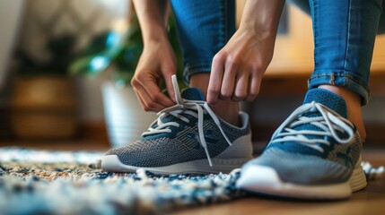 A person tying their laces on a pair of stylish sneakers, getting ready for a workout.