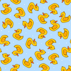 Seamless pattern with cute сartoon bath duck on blue - funny background for Your textile design - obrazy, fototapety, plakaty