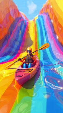 Whimsical flat 3D cartoon kayaking down a rainbow river