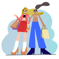 Two good-looking colorful girl go shopping.