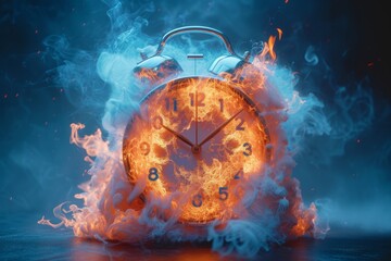 Fiery alarm clock engulfed in flames against a smoky blue background, conceptual imagery suggesting urgency, passing time, or deadline