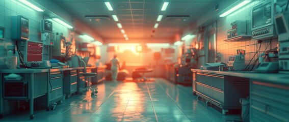 Modern hospital operating room with advanced equipment, a surgeon silhouetted against a luminous doorway, invoking a sense of critical medical activity - obrazy, fototapety, plakaty