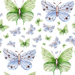 Delicate butterflies watercolor seamless pattern, digital paper. Butterflies background. Moths, insects. Spring, summer print. Blue, green colors. For printing on fabric, paper, textiles, packaging