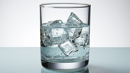 Glass with clean water and ice cubes on a light background