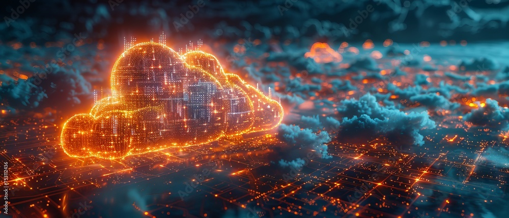 Poster Computer technology background, cloud computing abstraction concept, mobile internet, internet of things, communication with cloud storage, digital data storage in the internet. Smart cities.