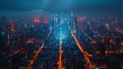 Skyline of a city at night with an immersive data protection interface with a padlock, a fingerprint and a shield. Concept of cybersecurity and biometrics.