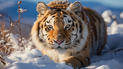 Fototapeta premium Portrait of a Siberian tiger sneaking in the snow on a sunny day. Hunting Tiger
