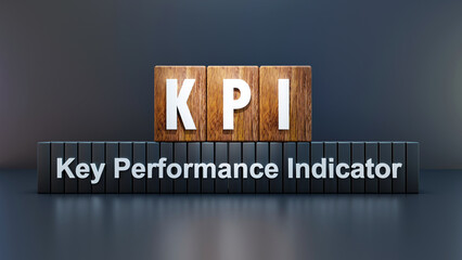 Text Acronym KPI - Key Performance Indicator
 on wooden cube, black background