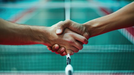 A shot of players shaking hands at the net after a match, demonstrating sportsmanship in badminton.